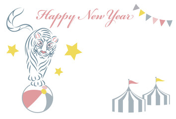 年賀状 サーカス団の虎が玉乗りをしている ガーランド テント イラスト ベクター