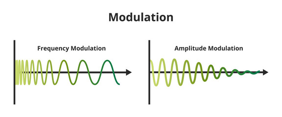 Vector scheme of frequency modulation FM and amplitude modulation AM isolated on white background. Carrier signal or carrier waveform is a constant amplitude or frequency. Analog or digital signal. - obrazy, fototapety, plakaty