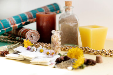 Fototapeta na wymiar decoration with objects and aromatic dried flowers