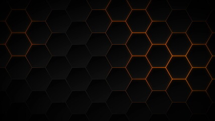 Abstract dark hexagon pattern on orange neon background technology style. Modern futuristic honeycomb concept.