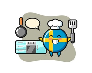 sweden flag badge character illustration as a chef is cooking