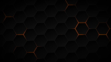 Abstract dark hexagon pattern on orange neon background technology style. Modern futuristic honeycomb concept.