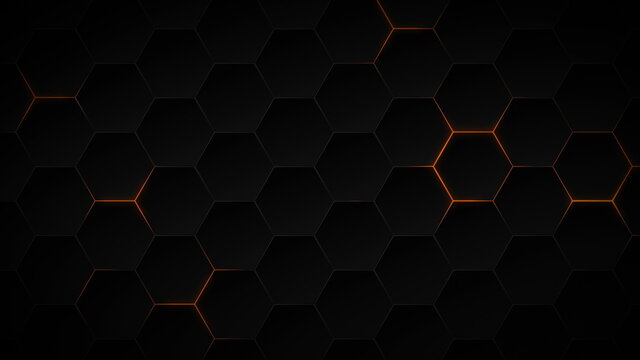 Abstract dark hexagon pattern on orange neon background technology style. Modern futuristic honeycomb concept.
