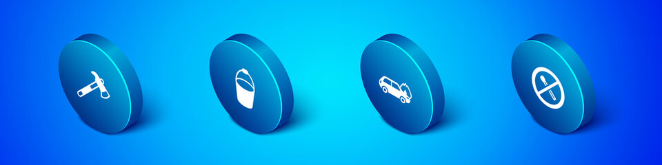 Set Isometric Firefighter axe, Burning car, No fire match and bucket icon. Vector