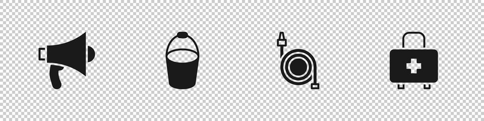 Set Megaphone, Fire bucket, hose reel and First aid kit icon. Vector