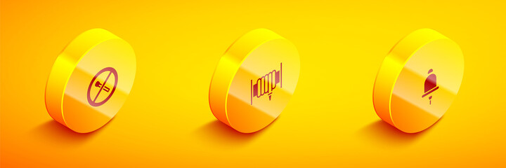 Set Isometric No fire match, Fire hose reel and Ringing alarm bell icon. Vector