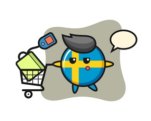 sweden flag badge illustration cartoon with a shopping cart