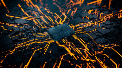 Advanced Technology Concept with Microchip. Orange Neon Data flows from the CPU across a Futuristic Motherboard. 3D render.