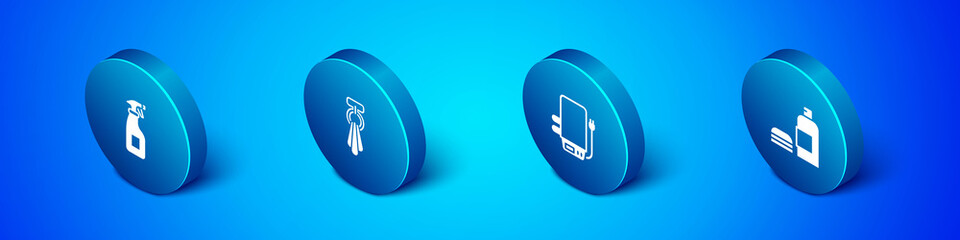 Set Isometric Cleaning spray bottle, Electric boiler, Bottle of shampoo and Towel on hanger icon. Vector