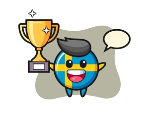 Cartoon Illustration of sweden flag badge is happy holding up the golden trophy