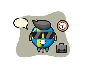 Cartoon mascot of sweden flag badge as a businessman