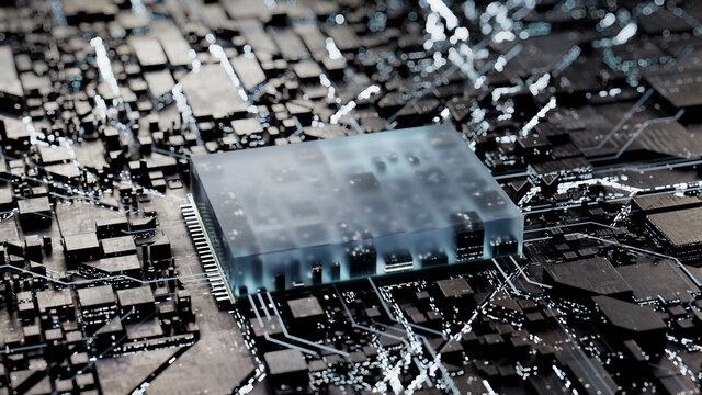 Advanced Technology Concept with Microchip. White Neon Data flows from the CPU across a Futuristic Motherboard. 3D render.