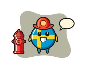 Mascot character of sweden flag badge as a firefighter