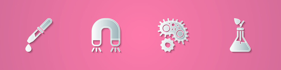 Set paper cut Pipette, Magnet, Virus and Plant breeding icon. Paper art style. Vector