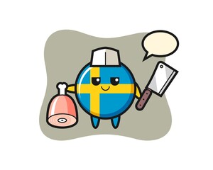 Illustration of sweden flag badge character as a butcher