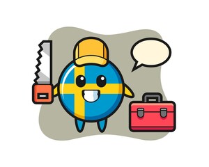 Illustration of sweden flag badge character as a woodworker