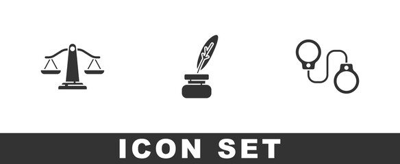 Fototapeta premium Set Scales of justice, Feather and inkwell and Handcuffs icon. Vector