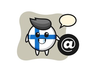 Cartoon Illustration of finland flag badge standing beside the At symbol