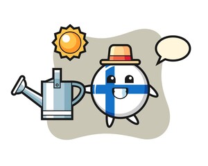 Cartoon character of finland flag badge holding watering can