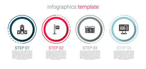 Set Railway station, Cafe and restaurant location, Train board and Ticket office to buy tickets. Business infographic template. Vector