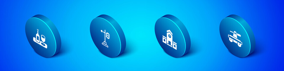 Set Isometric Wine bottle with glass, Railway station, Draisine or handcar and Train traffic light icon. Vector