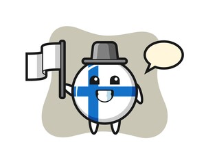 Cartoon character of finland flag badge holding a flag