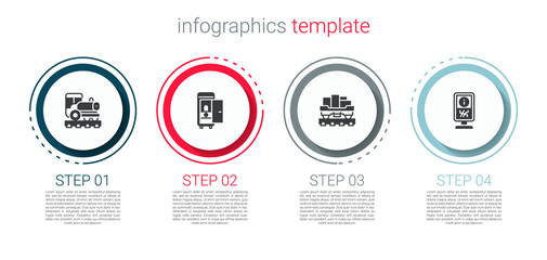 Set Vintage locomotive, Toilet the train car, Cargo wagon and Information stand. Business infographic template. Vector