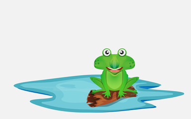 A green frog sitting on a stick. Cartoon frog on the log. Logs floating on the water surface.