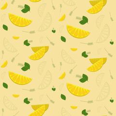 vector spring-summer pattern with citrus slices and basil leaves on a beige background