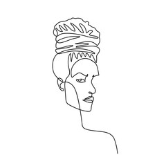 Continuous line abstract female portrait with african hairstyle. Hand drawn line African woman. Woman fashion beauty concept. Design for model business, t-shirt, logo, icon. Vector
