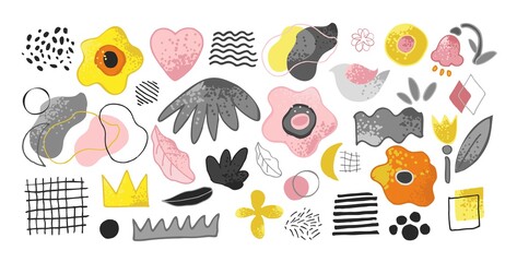 Set of decorative abstract elements in trendy colors isolated on white. Collection of flowers, shapes, lines, spots, birds, for the decoration of invitations, cards, posters. Cute vector illustration