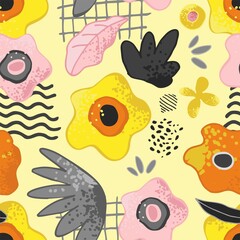 Seamless pattern with abstract decorative flowers, leafs, symbols, shapes, stripes, spots. Floral background in trendy yellow, gray colors. Wallpaper, wrapping paper, textile. Vector illustration
