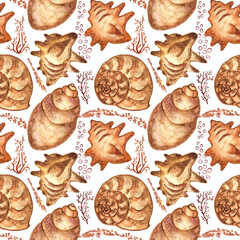 Marine background with seashells and corals. Watercolor seamless pattern. Perfect for creating fabrics, textile, decoupage, wallpapers, print, gift wrapping paper, invitations, textile, wedding.