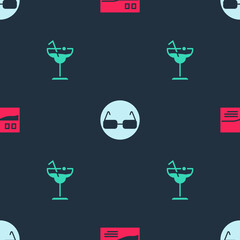 Set Postcard travel, Glasses and Cocktail on seamless pattern. Vector