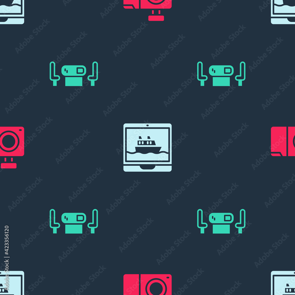 Sticker Set Photo camera, Cruise ship and Poker table on seamless pattern. Vector