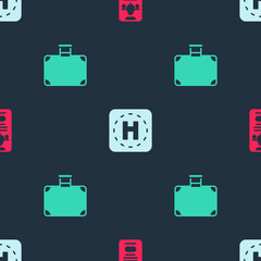 Set Mobile with ticket, Helicopter landing pad and Suitcase on seamless pattern. Vector