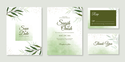 Beautiful wedding card invitation set template with hand drawn watercolor foliage