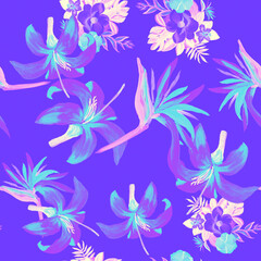 Purple Pattern Palm. Blue Seamless Plant. Violet Tropical Background. Gray Wallpaper Palm. Lavender Flower Hibiscus. Navy Decoration Leaves. Drawing Exotic.