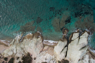 Top view aerial image from drone of an stunning beautiful sea landscape beach with turquoise water. Beautiful Sand beach with turquoise water,aerial drone shot. 'Foca' Izmir Turkey