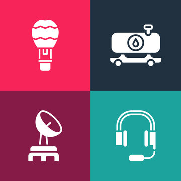Set pop art Headphones with microphone, Radar, Fuel tanker truck and Hot air balloon icon. Vector