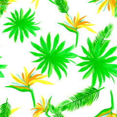 Fototapeta na wymiar Organic Pattern Nature. Green Seamless Background. White Tropical Plant. Natural Isolated Foliage. Drawing Botanical. Decoration Leaf. Wallpaper Vintage.