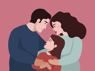 Happy mom, dad, baby hug each other. The concept of love, family happiness, care, support, mutual understanding between people. Vector graphics.