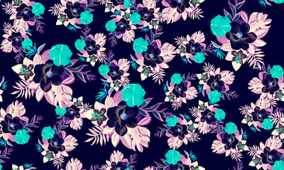 Blue Seamless Texture. Navy Pattern Hibiscus. Indigo Tropical Exotic. Purple Floral Botanical. Pink Flora Botanical. Cobalt Watercolor Plant. Decoration Leaves.