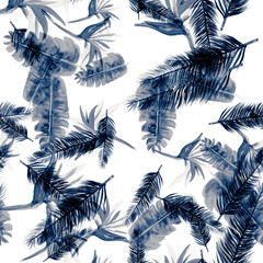 Navy Seamless Leaves. Cobalt Pattern Background. Gray Tropical Illustration. Blue Spring Design. Indigo Decoration Painting. Drawing Vintage. Watercolor Nature.