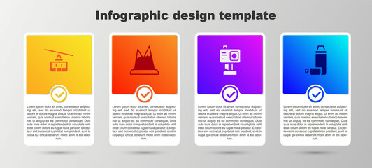 Set Cable car, Mountains, Action camera and Thermos container. Business infographic template. Vector