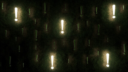 Exclamation Marks with Several Illuminated Ones over a Grassy Background with Dry Patches 3D Rendering