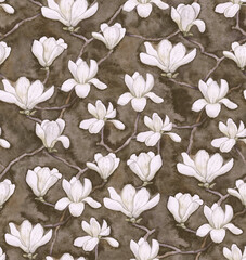 Seamless pattern with white blooming magnolia on a dark background, painted with watercolor