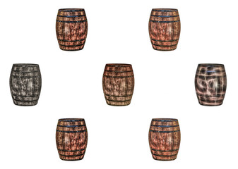 weathered brown and gray barrels pattern on white isolated background