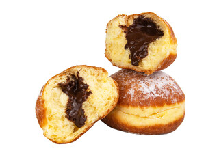 Bright tasty berliner donut ball with chocolate cream filling isolated on the white background