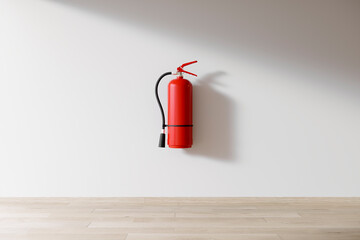 Red fire extinguisher isolated indoors on the wall, personal fire protection, home fire...